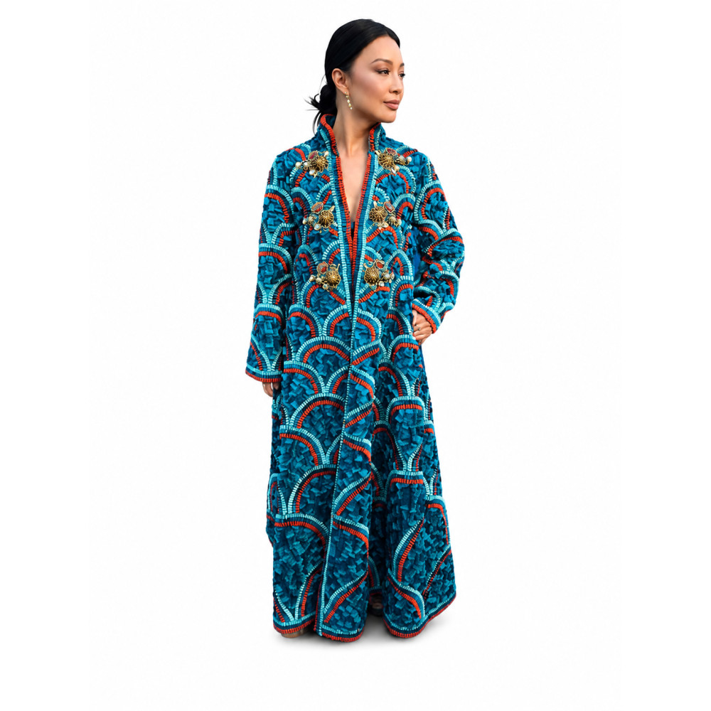 Moana 2026 Ming Na Wen Blue Printed Long Coat | America Suits